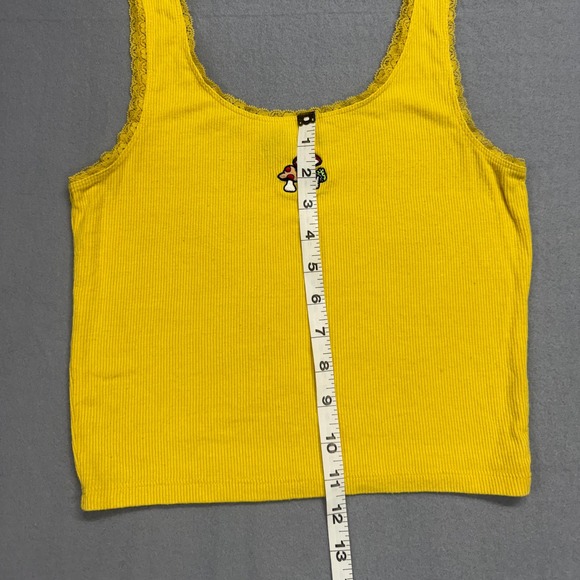 Forever 21‎ Y2K yellow Ribbed Tank Top Mushroom Embroidery Lace Trim S. Small - Picture 4 of 6